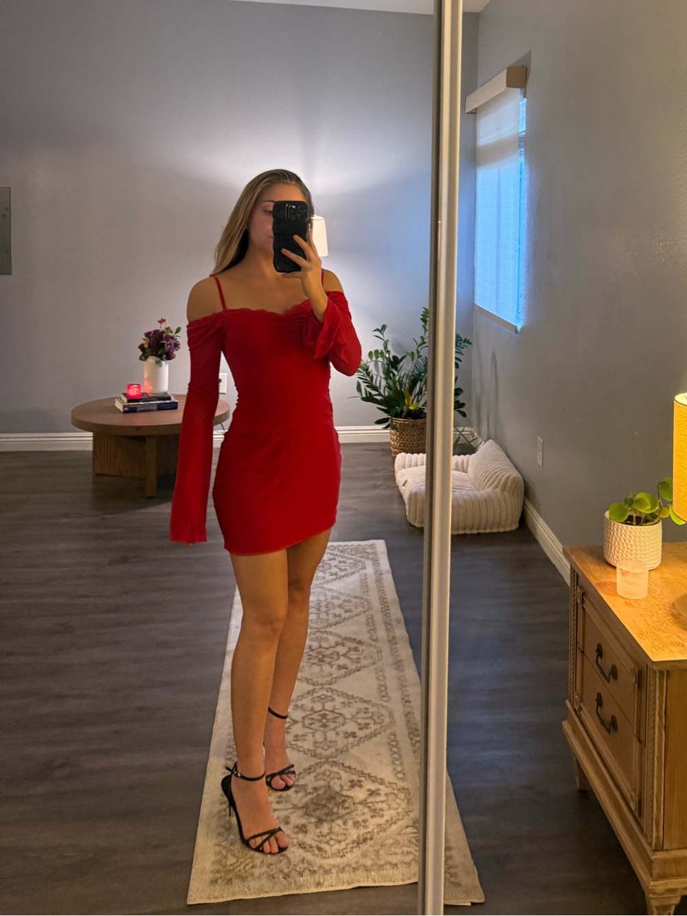 SHEIN Red Off-Shoulder Long Sleeve Mini Dress